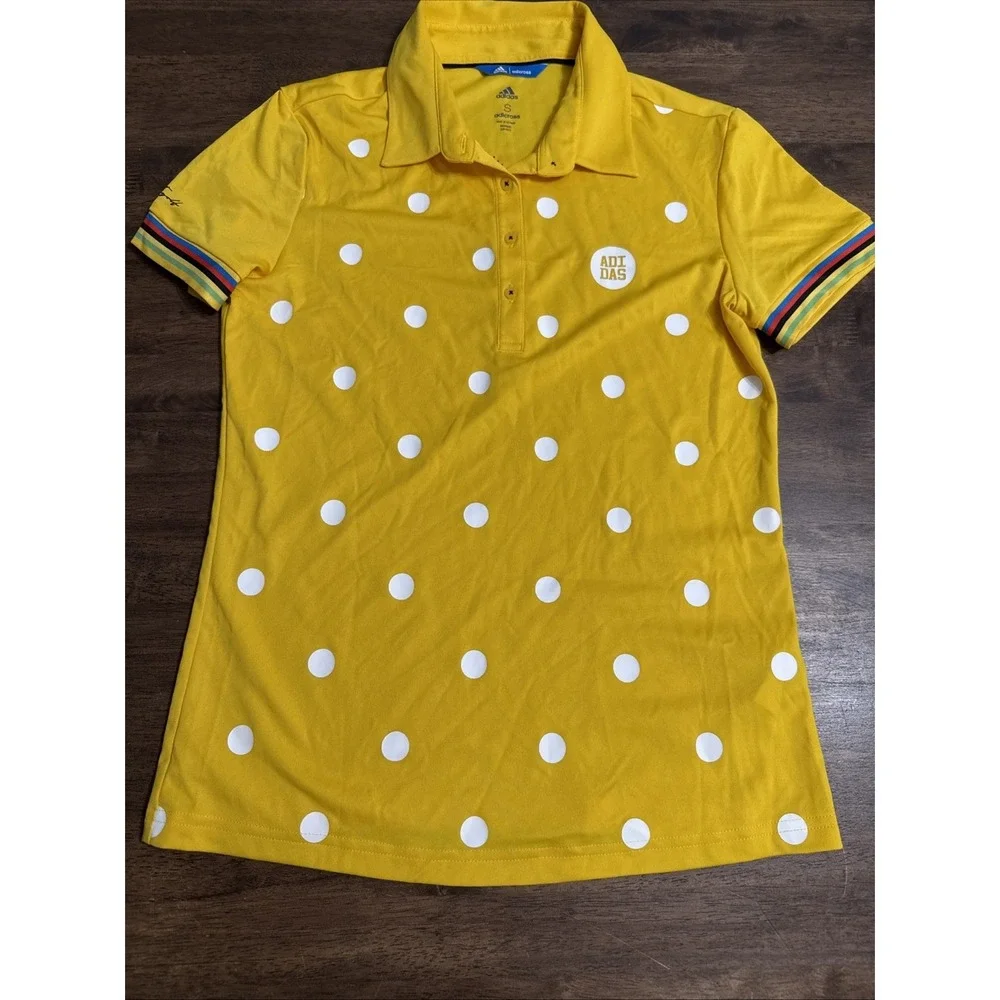 Adidas Golf Shirt Womens Yellow Polka Dot Rainbow Trim Polo CV8771 Rare Sz Small